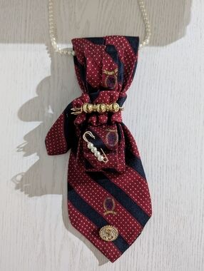 Pearl Chain Necklace with Red and Navy Bow Pendant